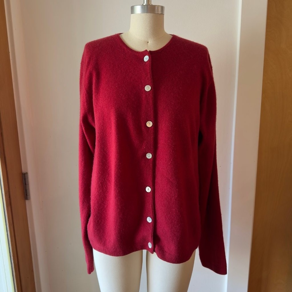 Lochmere 100% Cashmere Cardigan Women's M Ruby Red Button Up Crew Neck Sweater